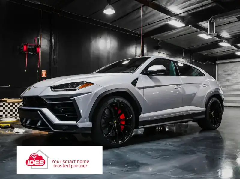 luxury car in garage - ides automated garage lighting