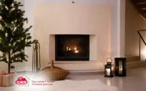 minimalist fireplace with christmas tree, candles on floor and soft white rug - ides seasonal smart home automation christmas